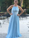 Round Neck Open Back Light Blue Bridesmaid Dress with Ruched