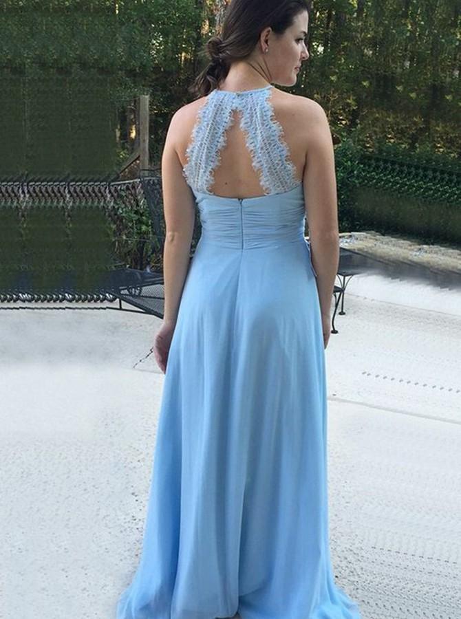 round neck open back light blue bridesmaid dress with ruched dtb179