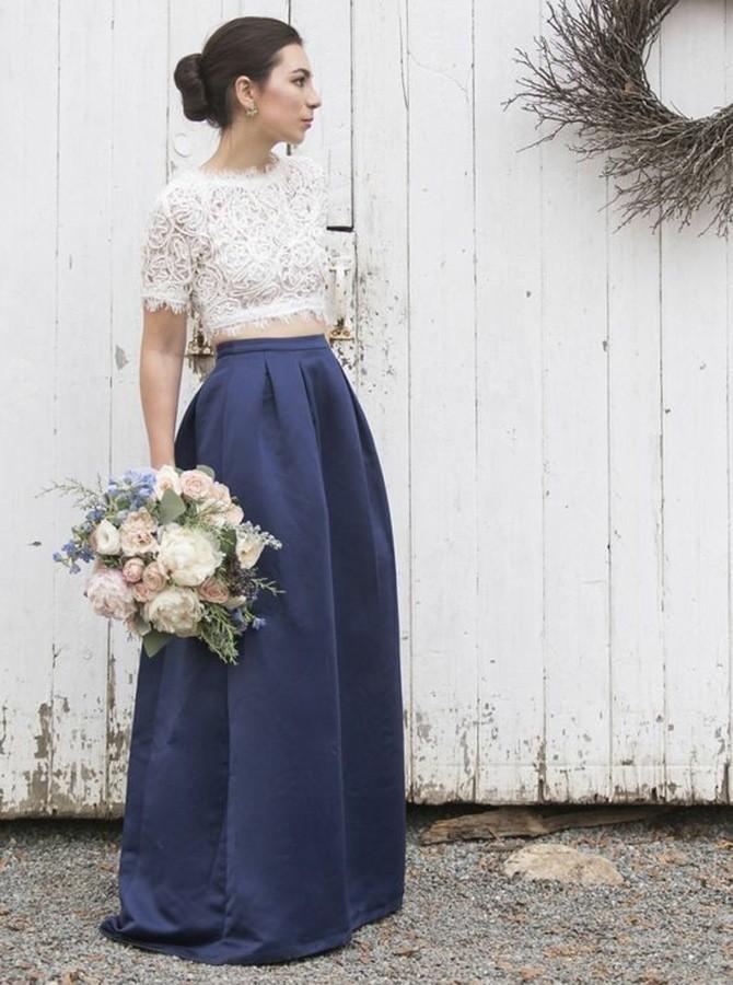 jewel short sleeves dark blue two piece bridesmaid dress with lace top dtb180