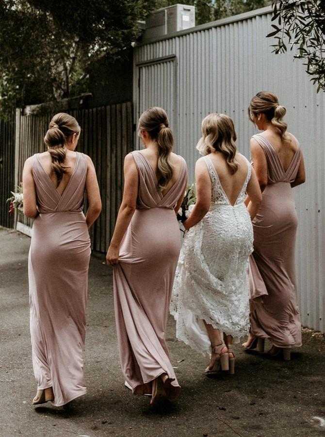 Sheath V-Neck Long Blush Bridesmaid Dresses With Ruched