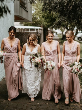 Sheath V-Neck Long Blush Bridesmaid Dresses With Ruched