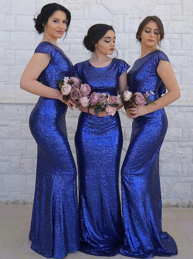 crew cap sleeves sequined royal blue mermaid bridesmaid dresses dtb183
