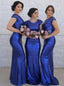 Crew Cap Sleeves Sequined Royal Blue Mermaid Bridesmaid Dresses