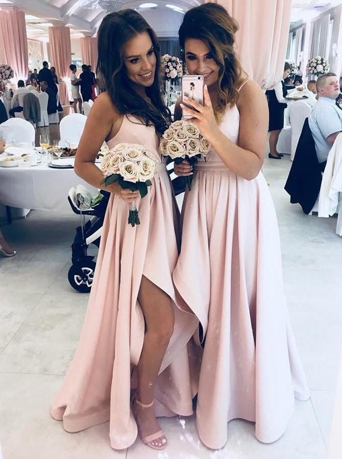Spaghetti Straps V-neck Asymmetry Pink Bridesmaid Dresses with Split