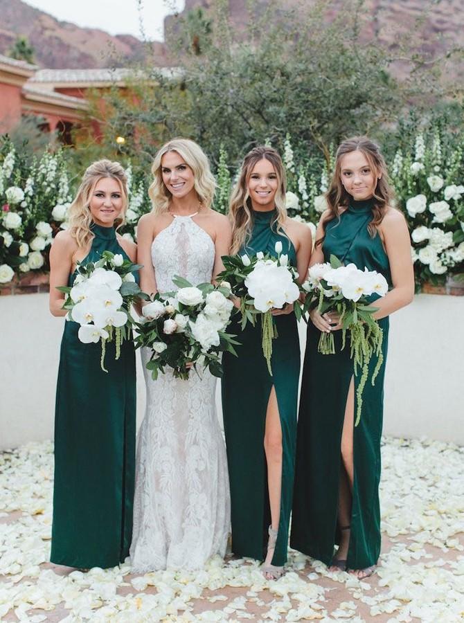 Simple Sheath High Neck Dark Green Long Bridesmaid Dresses with Split