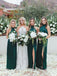 Simple Sheath High Neck Dark Green Long Bridesmaid Dresses with Split