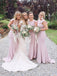 mermaid round neck cap sleeves pink bridesmaid dresses with ruffles dtb190
