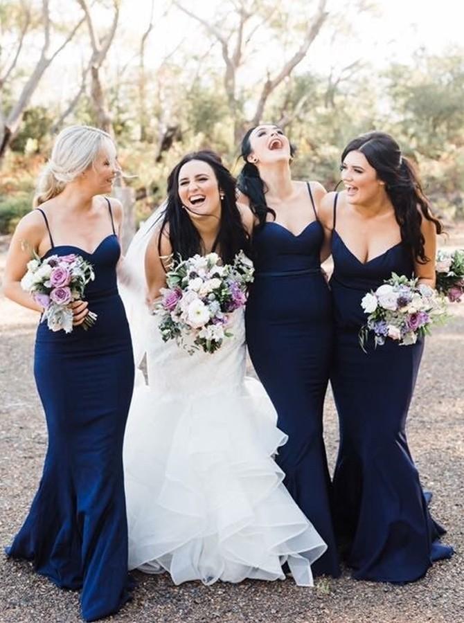 Mermaid Spaghetti Straps Navy Blue Bridesmaid Dresses