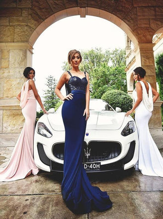 Spaghetti Straps Mermaid Prom Dress Sequins Bridesmaid Dresses With Cowl