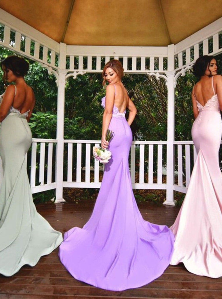 Spaghetti Straps Appliques Mermaid Backless Bridesmaid Dresses