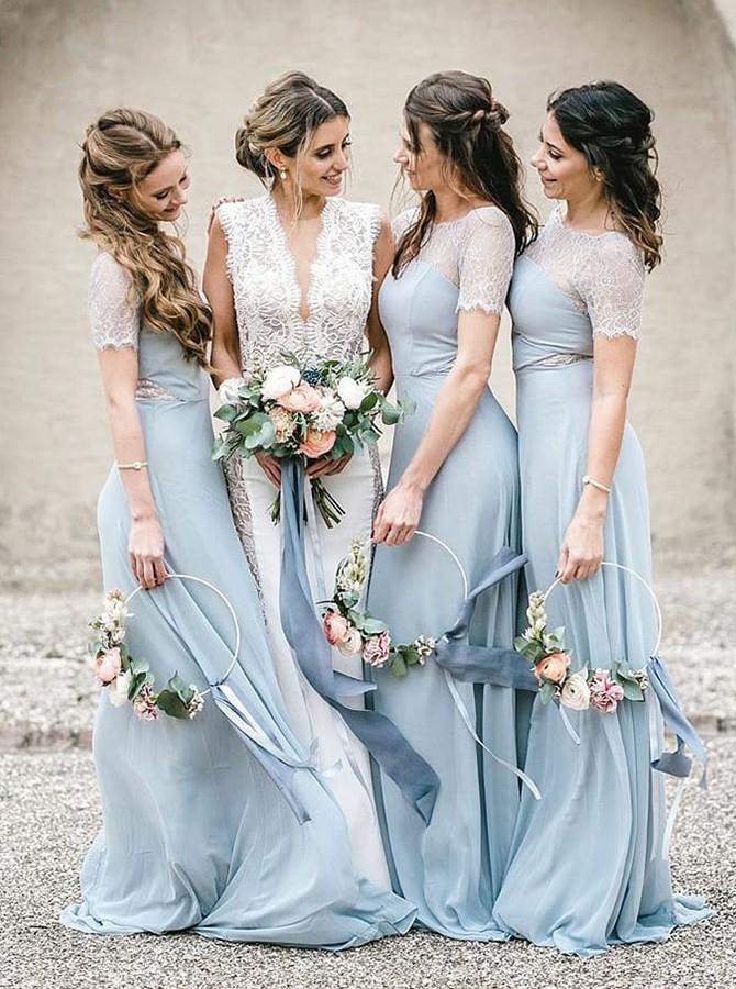 sheath round neck lace short sleeves light blue bridesmaid dress dtb210