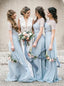 Sheath Round Neck Lace Short Sleeves Light Blue Bridesmaid Dress