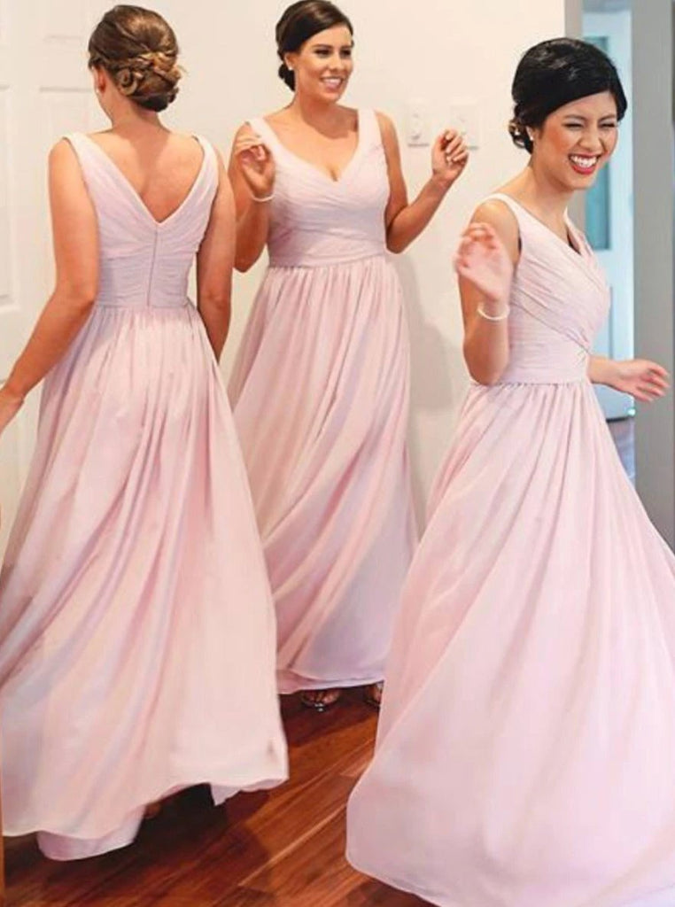 a-line v-neck ruched pink chiffon long bridesmaid dresses dtb209