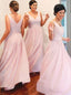 A-Line V-neck Ruched Pink Chiffon Long Bridesmaid Dresses