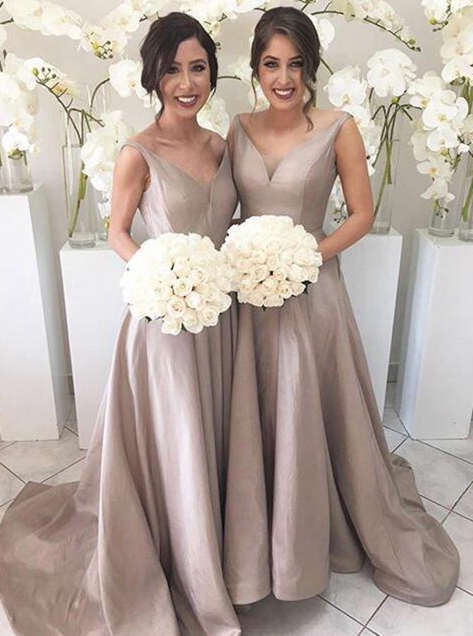 Simple A-line V-neck Sleeveless Long Bridesmaid Dresses