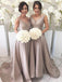 Simple A-line V-neck Sleeveless Long Bridesmaid Dresses