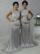 Bateau Sheath Grey Long Bridesmaid Dresses With Lace