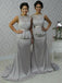 Bateau Sheath Grey Long Bridesmaid Dresses With Lace