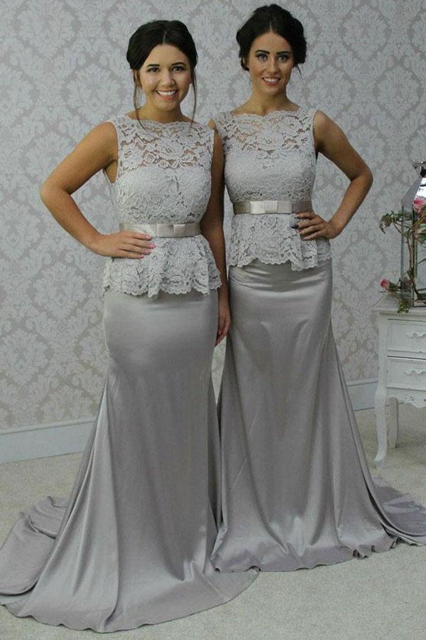 bateau sheath grey long bridesmaid dresses with lace dtb141