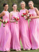 Bateau Light Plum Chiffon Long Bridesmaid Dresses with Lace