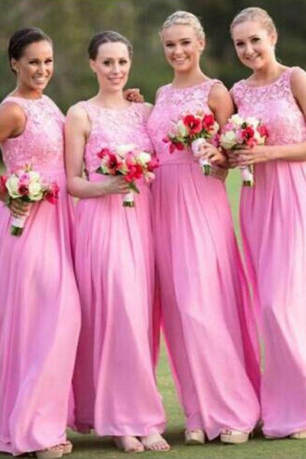 bateau light plum chiffon long bridesmaid dresses with lace dtb142