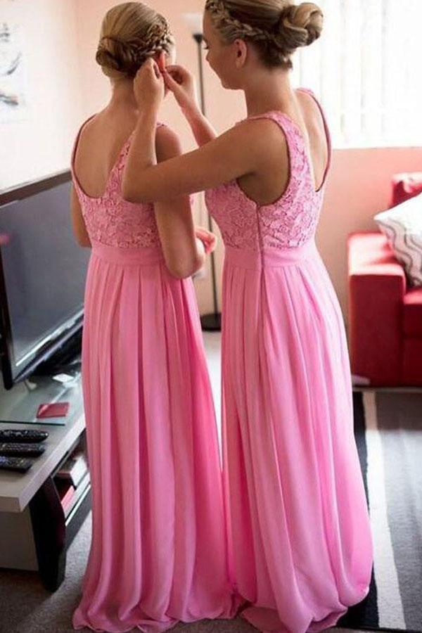 Bateau Light Plum Chiffon Long Bridesmaid Dresses with Lace