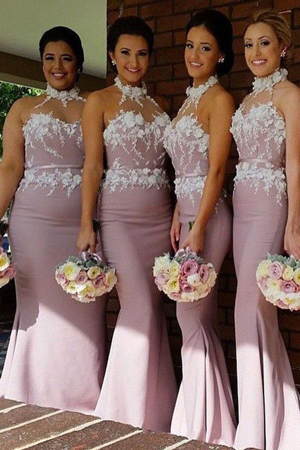 halter blush mermaid long bridesmaid dresses with appliques dtb143