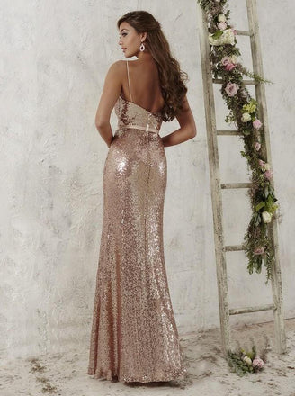 Spaghetti Straps Rose Gold Sequined Sheath Bridesmaid Dress