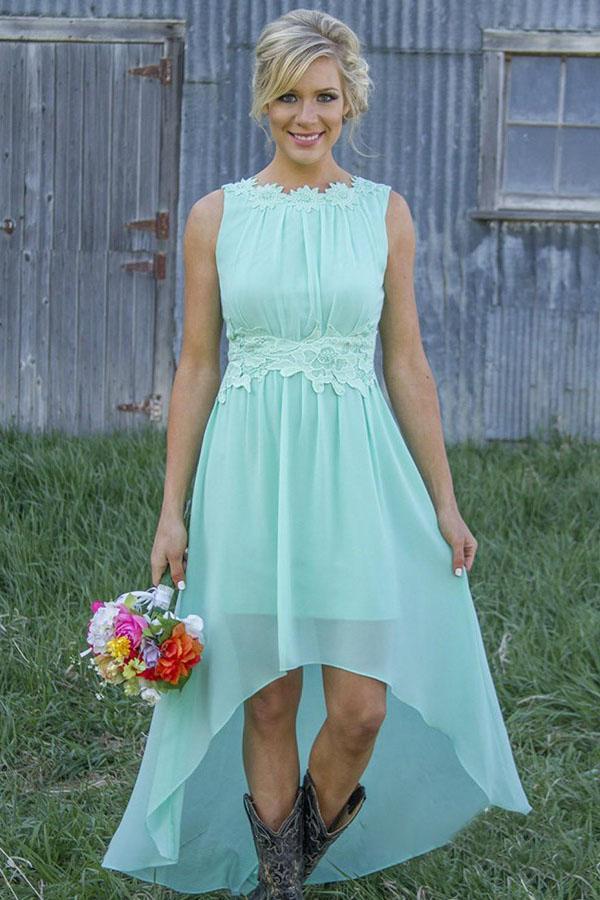 Bateau Asymmetry Mint/Peach Chiffon Bridesmaid Dresses with Appliques