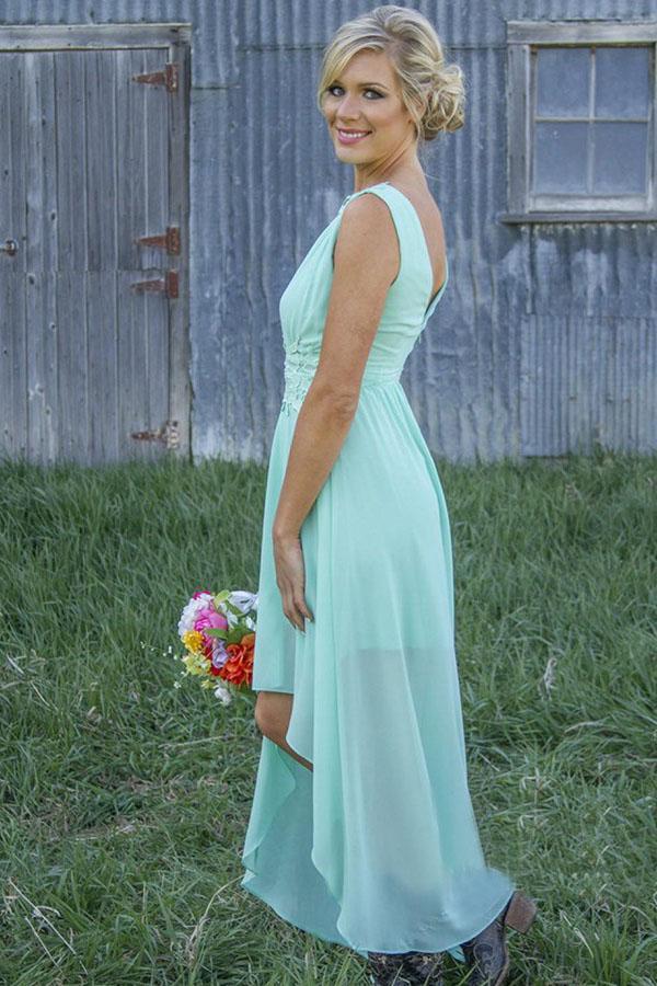 Bateau Asymmetry Mint/Peach Chiffon Bridesmaid Dresses with Appliques