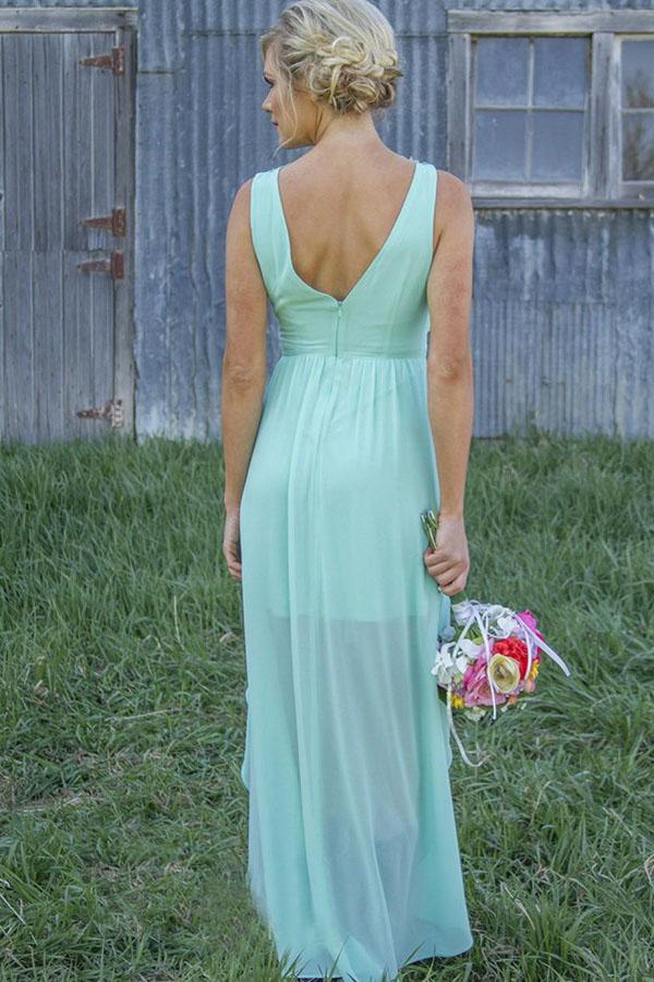Bateau Asymmetry Mint/Peach Chiffon Bridesmaid Dresses with Appliques