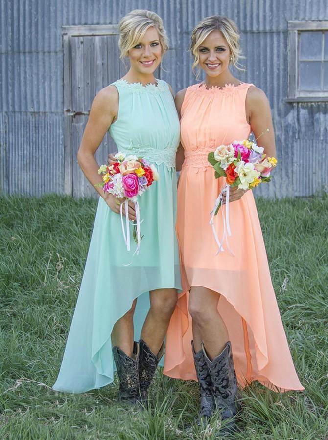 Bateau Asymmetry Mint/Peach Chiffon Bridesmaid Dresses with Appliques DTB145 –