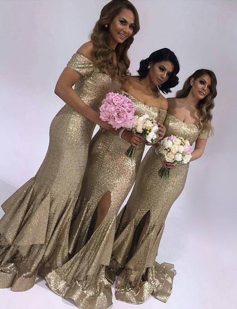short sleeves mermaid sequins gold bridesmaid dresses with ruffles split dtb148
