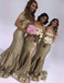 short sleeves mermaid sequins gold bridesmaid dresses with ruffles split dtb148