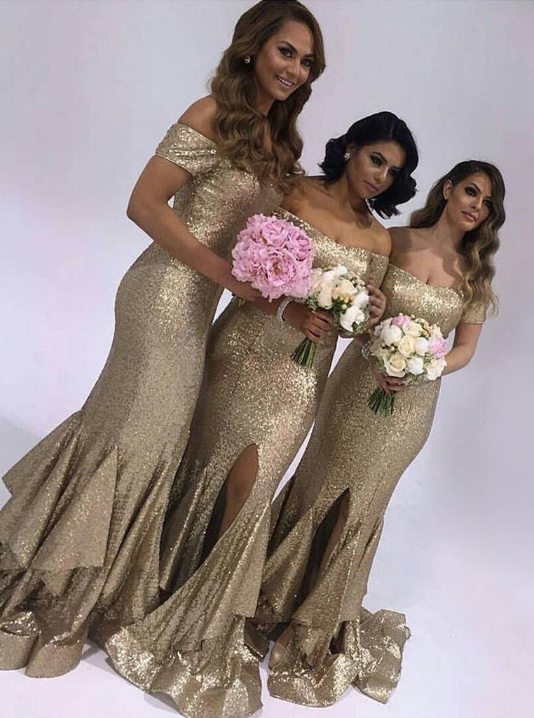 Short Sleeves Mermaid Sequins Gold Bridesmaid Dresses with Ruffles Split DTB148 DressTok.co.uk Short Sleeves Mermaid Sequins Gold Bridesmaid Dresses with Ruffles Split DTB148 DressTok.co.uk