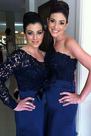Sheath One-shoulder Long Sleeve Dark Blue Bridesmaid Dresses with Lace