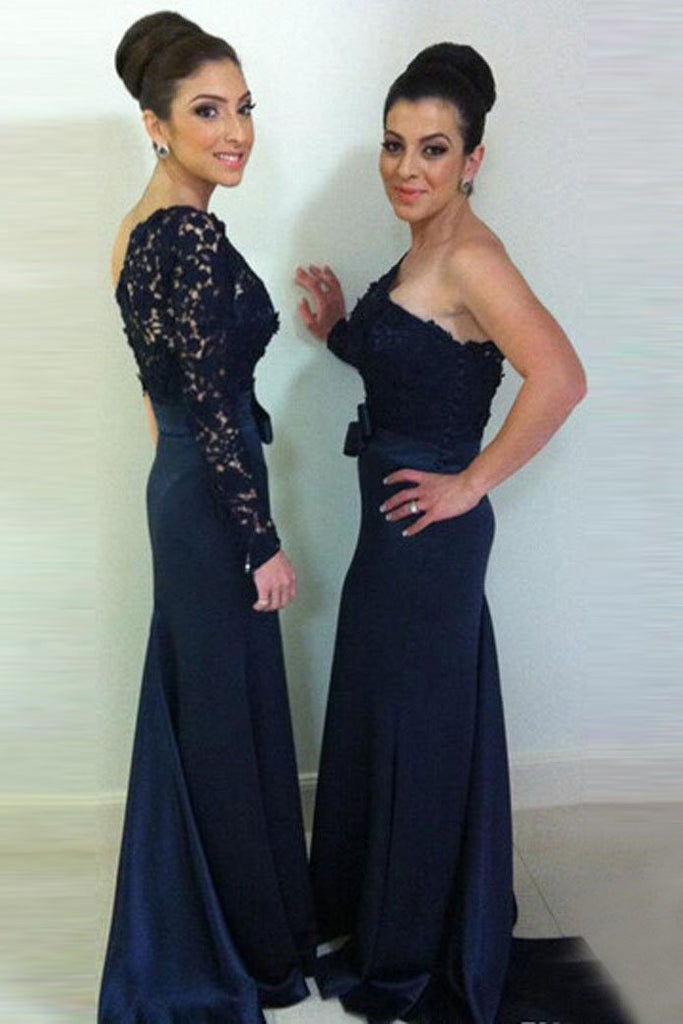 sheath one-shoulder long sleeve dark blue bridesmaid dresses with lace dtb149