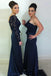 sheath one-shoulder long sleeve dark blue bridesmaid dresses with lace dtb149