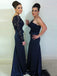 Sheath One-shoulder Long Sleeve Dark Blue Bridesmaid Dresses with Lace
