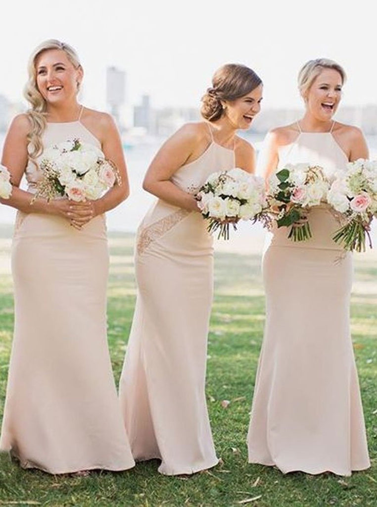 Simple Square Sheath Pearl Pink Bridesmaid Dresses with Lace