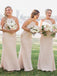 Simple Square Sheath Pearl Pink Bridesmaid Dresses with Lace