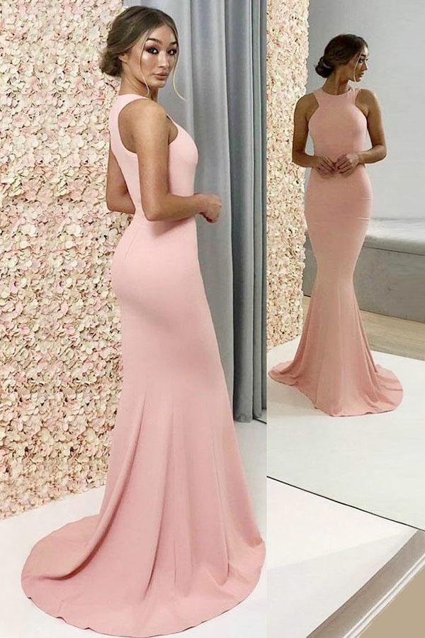 Simple Jewel Floor Length Pearl Pink Mermaid Bridesmaid Dresses