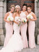 Simple Jewel Floor Length Pearl Pink Mermaid Bridesmaid Dresses