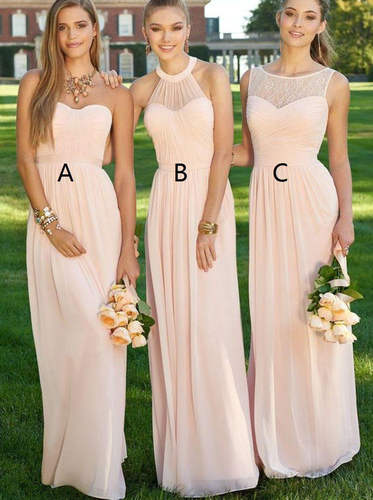 A-line Sleeveless Pearl Pink Chiffon Long Bridesmaid Dresses With Ruched