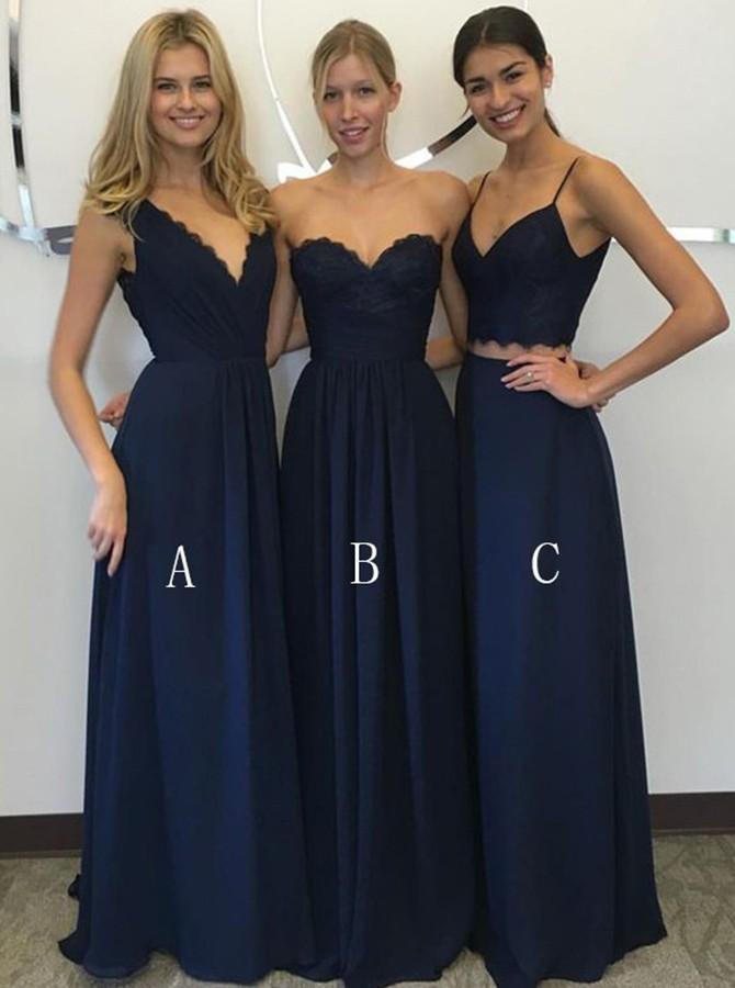A-line Navy Blue Chiffon Floor Length Bridesmaid Dresses With Lace