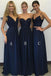 a-line navy blue chiffon floor length bridesmaid dresses with lace dtb137