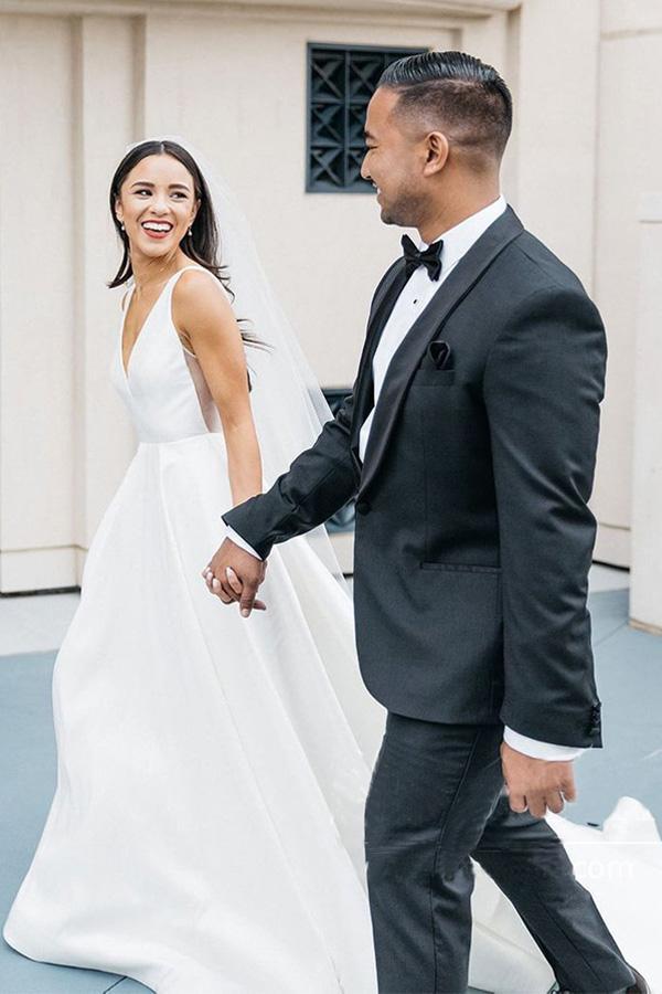 Elegant A-line V Neck Ivory Satin Sleeveless Simple Wedding Dresses