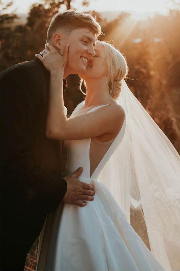 Elegant A-line V Neck Ivory Satin Sleeveless Simple Wedding Dresses