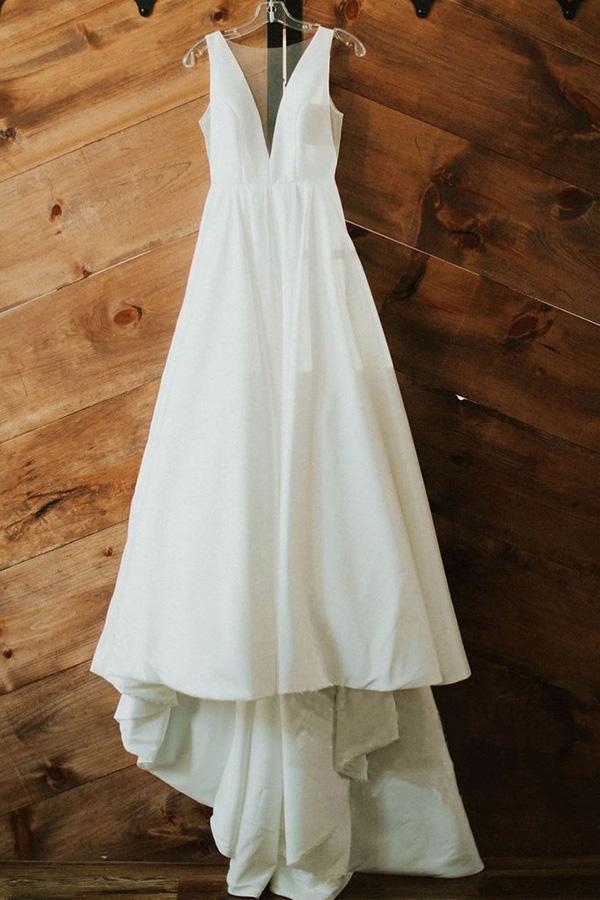 Elegant A-line V Neck Ivory Satin Sleeveless Simple Wedding Dresses