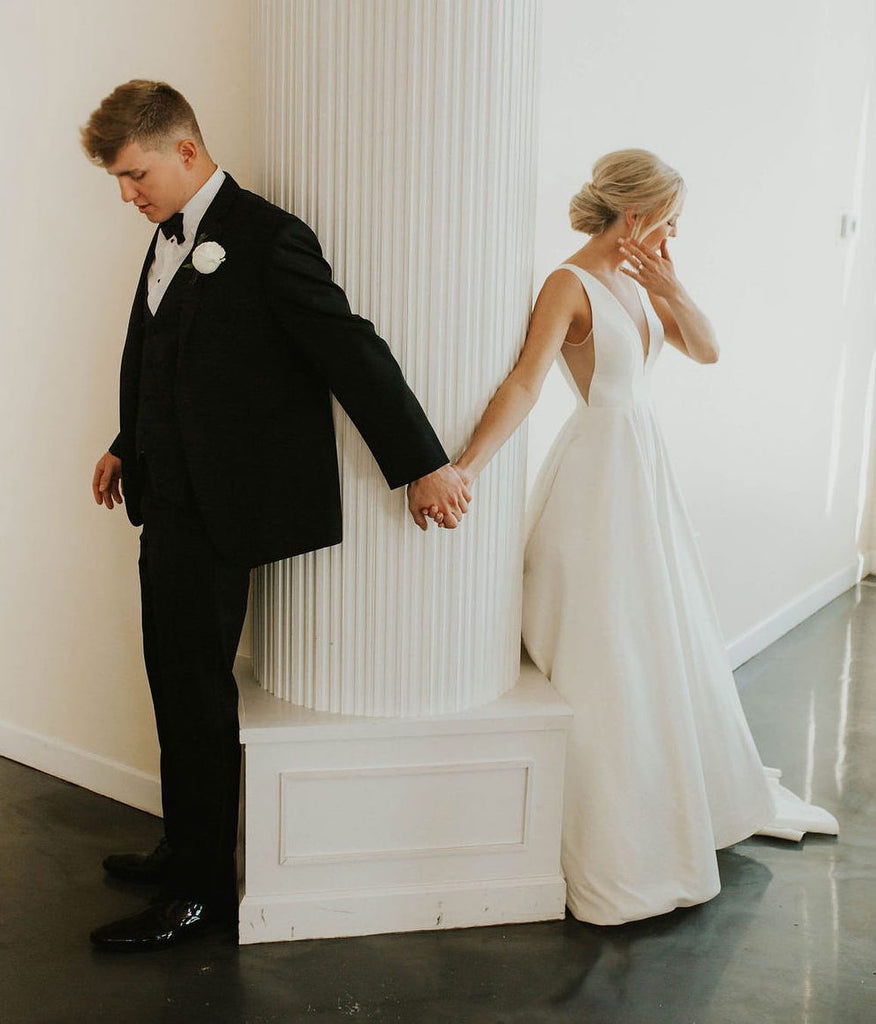 Elegant A-line V Neck Ivory Satin Sleeveless Simple Wedding Dresses